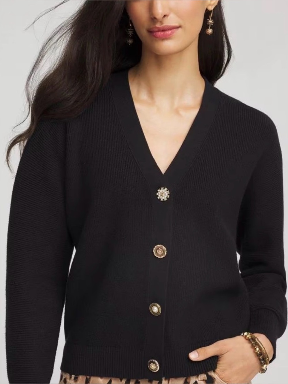 Chico's Black V-Neck Button Front Cardigan with Decorative Buttons